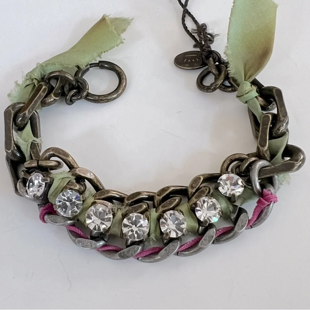 NWT Juicy Couture War of Love 2-Tone Chain Link Bracelet w/ Ribbon & Crystals